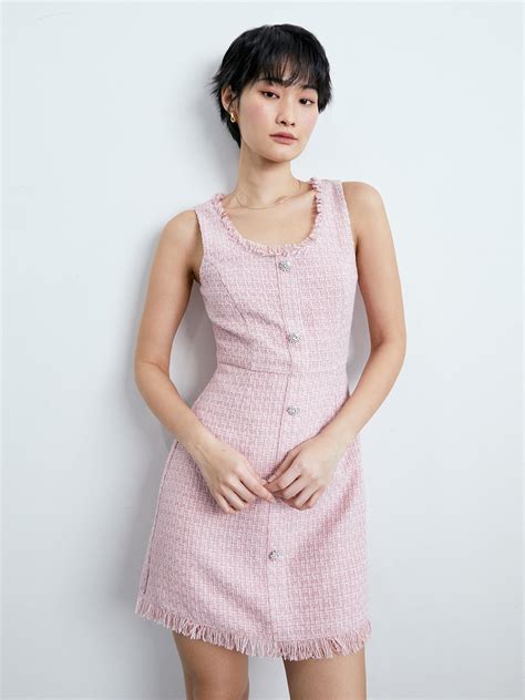 Tweed Frilled Hem Mini Dress Pink Pomelo Fashion