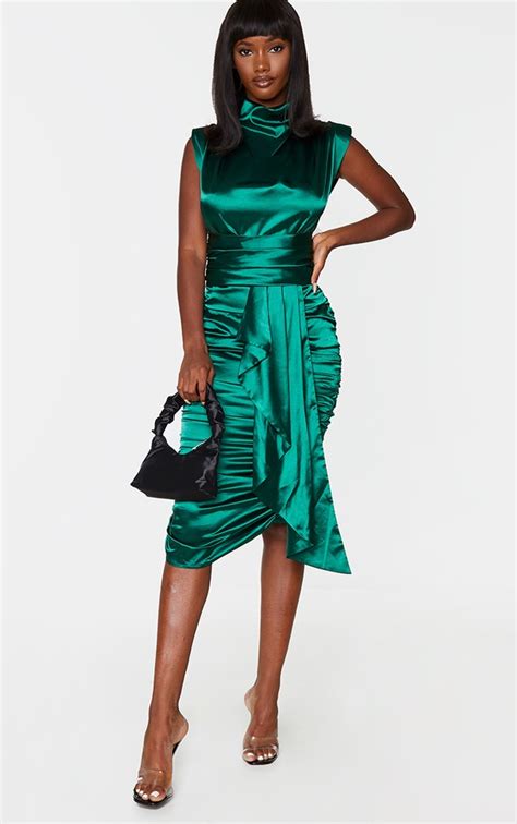 Emerald Green Satin Cowl Neck Ruched Midi Dress Prettylittlething Aus