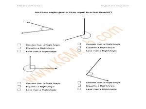 Angles: Greater Than, Less Than or Equal To 90 Degrees? Worksheet for 3rd - 4th Grade | Lesson ...