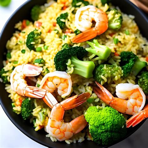 Paella de arroz con camarones y brócoli en un bol sobre una plataforma