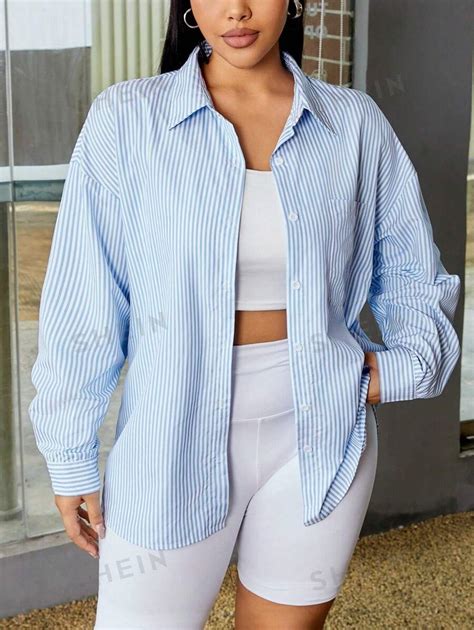 Shein Ezwear Camisa Casual De Talla Grande Con Rayas Azules Y Blancas