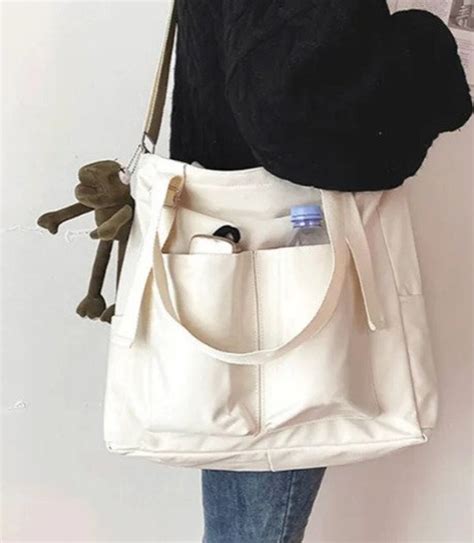 Tote Bag Canvas Multi Pocket Shoulder Bag Etsy