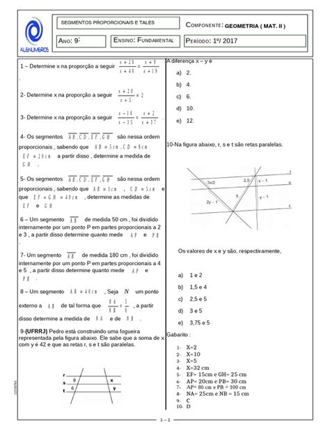 Lista Segmentos Proporcionais E Tales Matemática Ciência