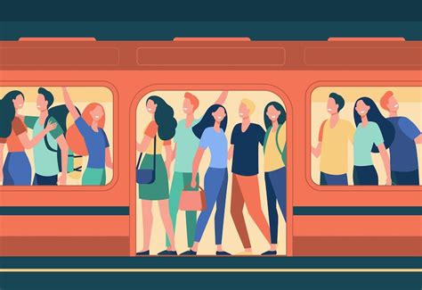 Free Vector Crowd Of Happy People Travelling By Subway Train Passengers Standing In