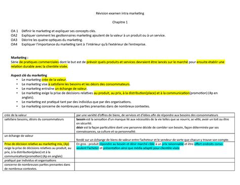 Révision examen intra Révision examen intra marketing Chapitre 1 OA 1