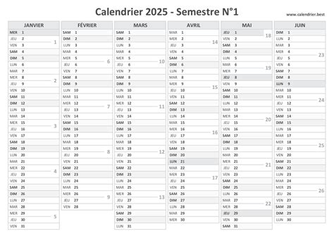 Calendrier semestriel 2025 à imprimer pour le 1er et le 2ème semestre 2025