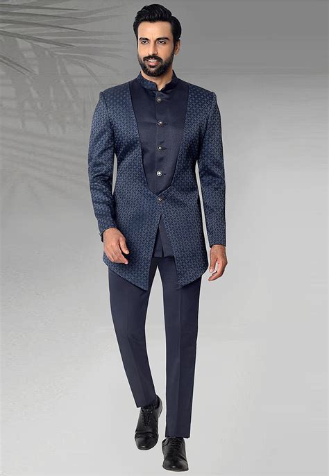 Buy Digital Printed Terry Rayon Layered Jodhpuri Suit In Navy Blue