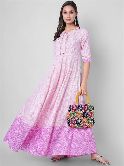 Buy Sanganeri Kurti Women Pink Ethnic Motifs Striped Anarkali Kurta