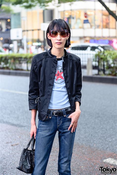 Japanese Musician’s Rock Style w/ Fringed Bob, Oversized Sunglasses, Black Jacket, Slim-Fit ...