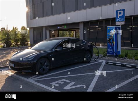 Warsaw Poland August 25 2022 A Static Shot Of A Solid Black Tesla