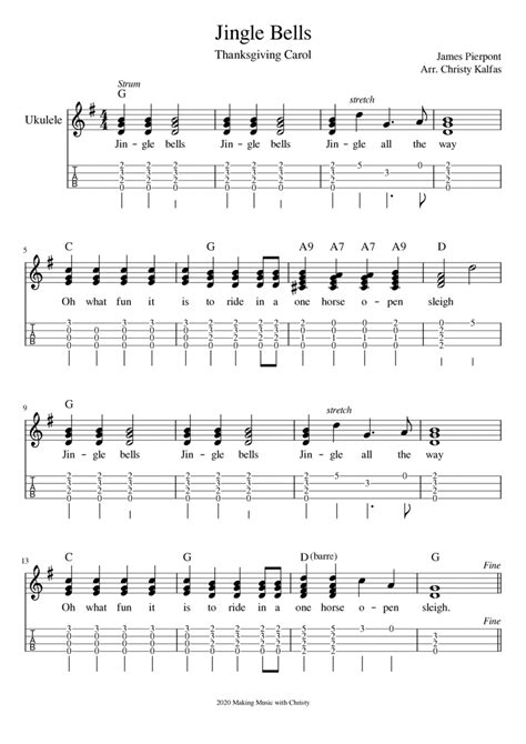 Jingle Bells Ukulele Finger Style With Tab And Chords Arr Christy