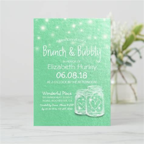 Brunch Bubbly Bridal Shower Mason Jar Green Gold Invitation Zazzle