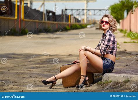 Blonde Girl Hitchhiker Stock Photo Image Of Posing Road