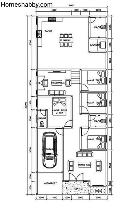 Desain Dan Denah Rumah Ukuran 8 X 20 M 3 Kamar Tidur Dengan Dapur