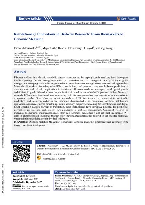 PDF Revolutionary Innovations In Diabetes Research From Biomarkers