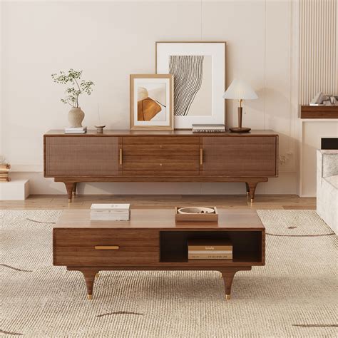 Mcm Walnut Tv Stand With Coffee Table Set