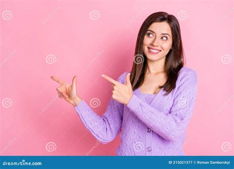 Portrait Of Optimistic Girl Look Point Empty Space Wear Lilac Sweater