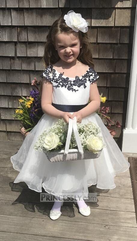 Navy Blue Lace Ivory Satin Organza Flower Girl Dress Belt Princessly