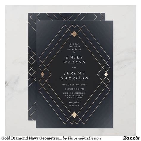 Gold Diamond Navy Geometric Deco Gatsby Wedding Invitation Art Deco