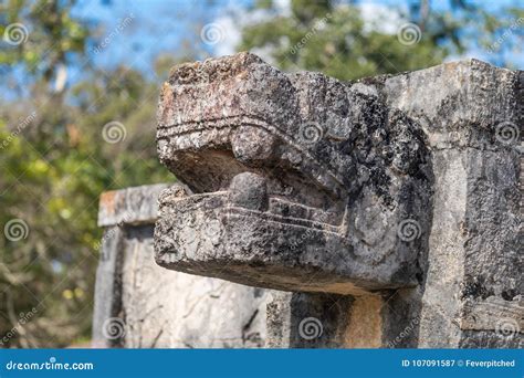 Mayan Jaguar Figurehead Sculptures At The Archaeological Site In Stock