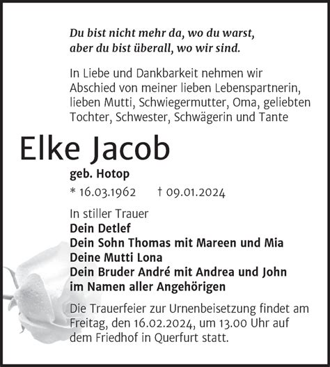 Traueranzeigen Von Elke Jacob Abschied Nehmen De