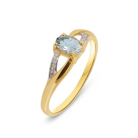 Bague Or Jaune Aigue Marine Ovale Et Diamant Ref