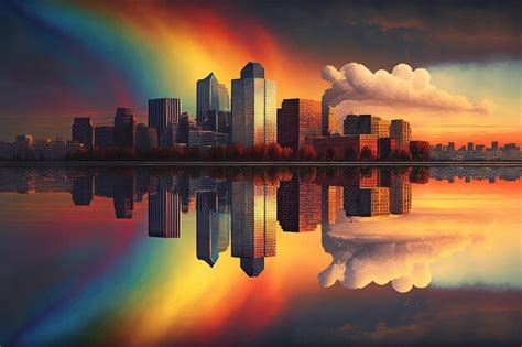 Premium AI Image City Skyline With Rainbow Reflecting Off Of The