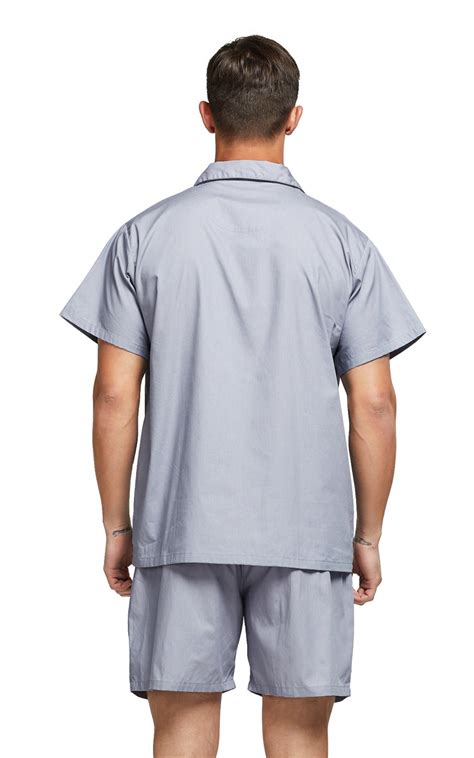 Mens Cotton Short Sleeve Woven Pajama Set Gray With Black Piping Tony And Candice