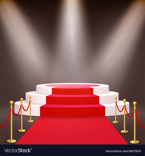 White Round Podium Covered With Red Carpet And Golden Stanchions