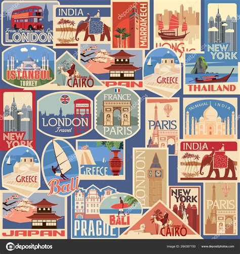 Set Travel Retro Labels Cards Different Countries Cities Vector Color ...