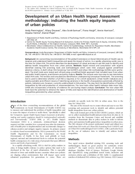 Pdf Development Of An Urban Health Impact Assessment Methodology Indicating The Health Equity