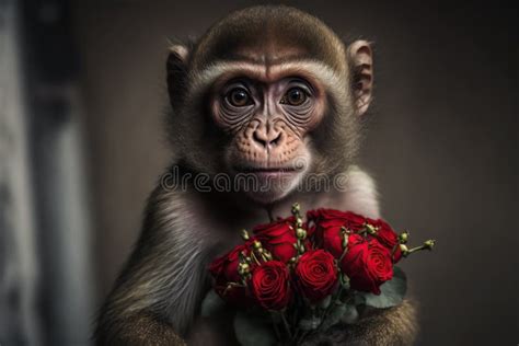 Portrait of a Cute Monkey with Red Roses, Ai Generated Stock Image - Image of animal, bouquet ...