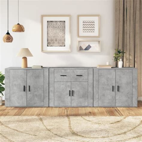 ARMOIRE DE CHAMBRE Buffets 3 pcs gris béton bois d ingénierie YW