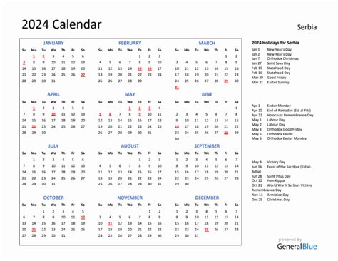 2024 Serbia Calendar With Holidays