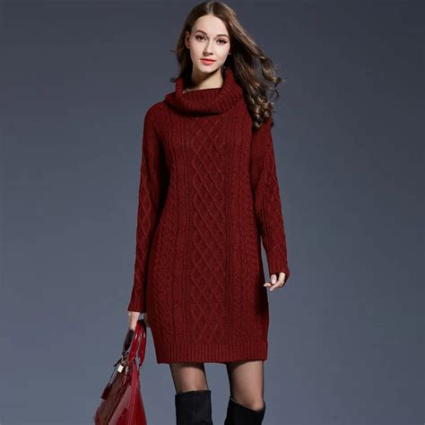 2018 Women Fashion Turtleneck Thick Sweater Dresses Plus Size Casual