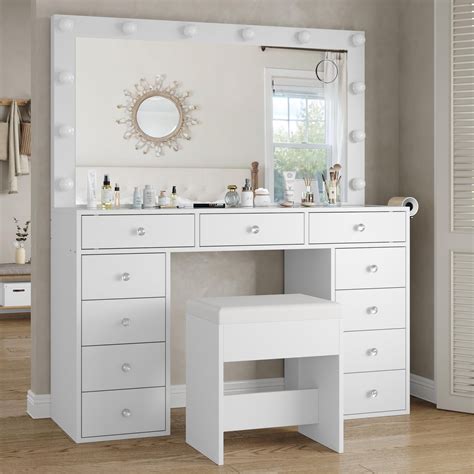 Latitude Run® Pisklo Vanity Desk And Power Outl Makeup Vanity With Mirror And 12 Led Lights