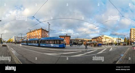 Skyline Of Munich Pasing Train Station And Street With People Stock