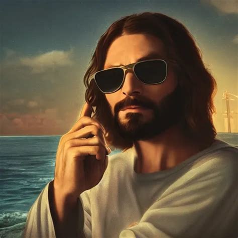 Jesus Christ With A Cap And Sunglasses Illustration In Stable