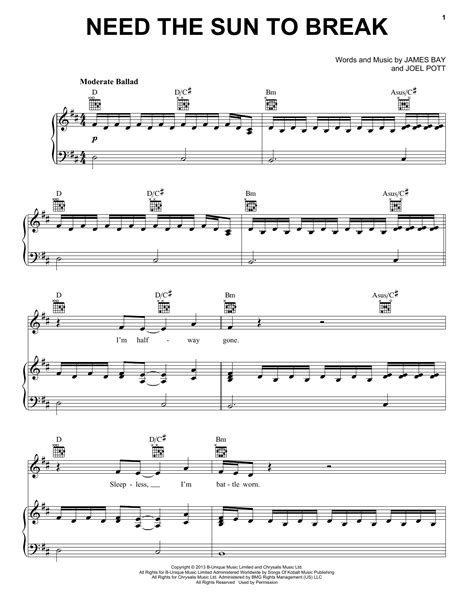 Need The Sun To Break By James Bay Sheet Music For Piano Vocal