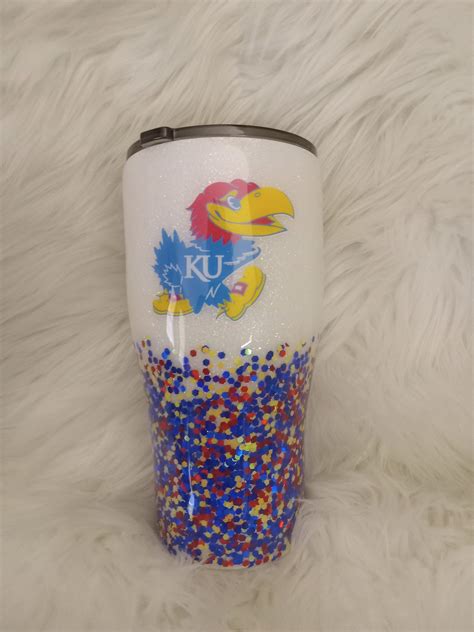 Ku White Glitter With Blue Red Yellow Confetti Tumbler Custom Rock