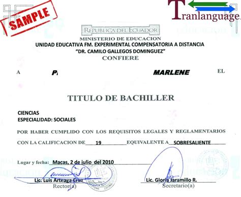 Diploma Ecuador II Tranlanguage Certified Translations