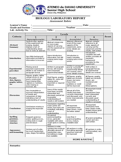 Rubric For Laboratory Activity Pdf Experiment Rubric Academic