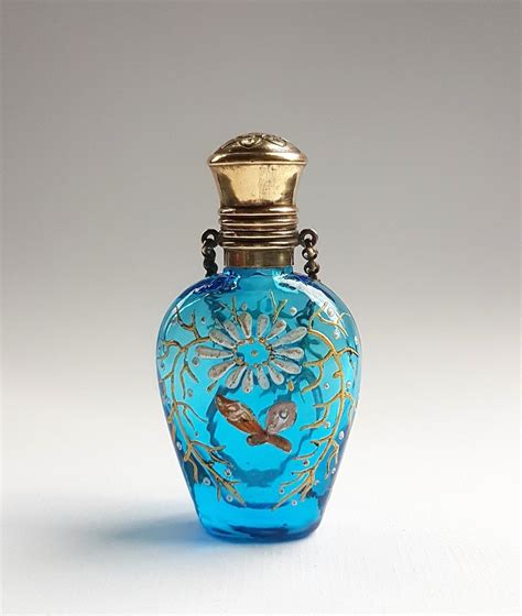 Antique Enameled Blue Glass And Brass Chatelaine Perfume Scent Bottle