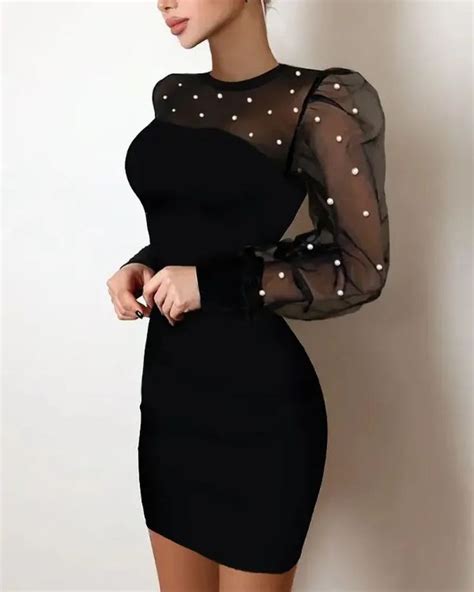 Olivia Mark Sheer Mesh Puff Sleeve Bodycon Dress With Beaded Decor Bodycon Dress With