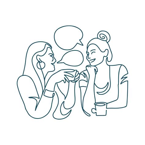 Continuous Line Drawing Of Two Women Drinking Coffee In A Restaurant