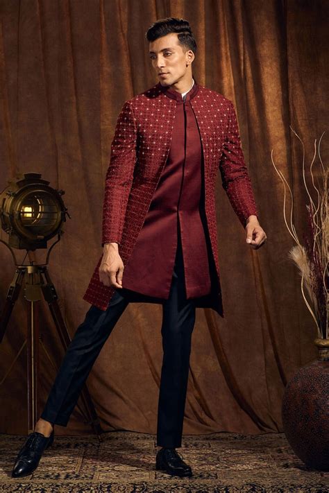 Buy Maroon Sherwani Silk Linen Embroidered Geometric Asymmetric Set