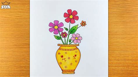 How To Draw Flowers With Vase Flower Pot Drawing Very Easy Way