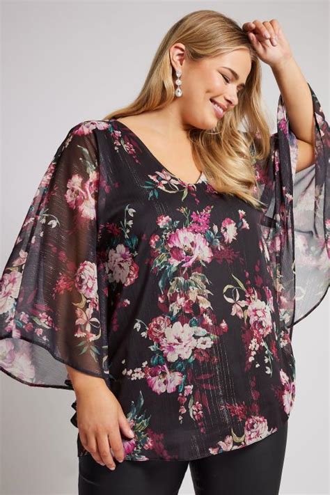 YOURS LONDON Plus Size Black Metallic Floral Print Cape Blouse Yours