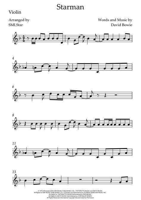 Starman Arr Smlstar By David Bowie Sheet Music For Violin Solo At