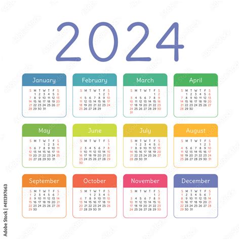 Calendar 2024 Year English Colorful Vector Square Pocket Or Wall